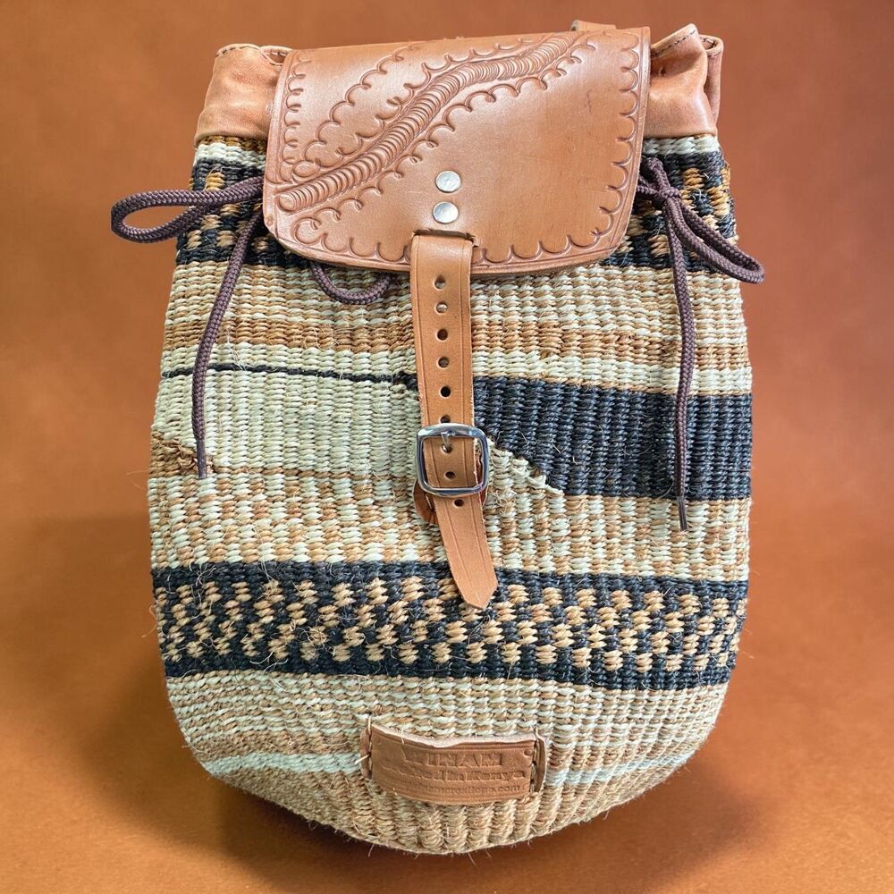Handmade Winam Kenya Sisal Leather Backpack Artisan Boho Festival Basket Purse
